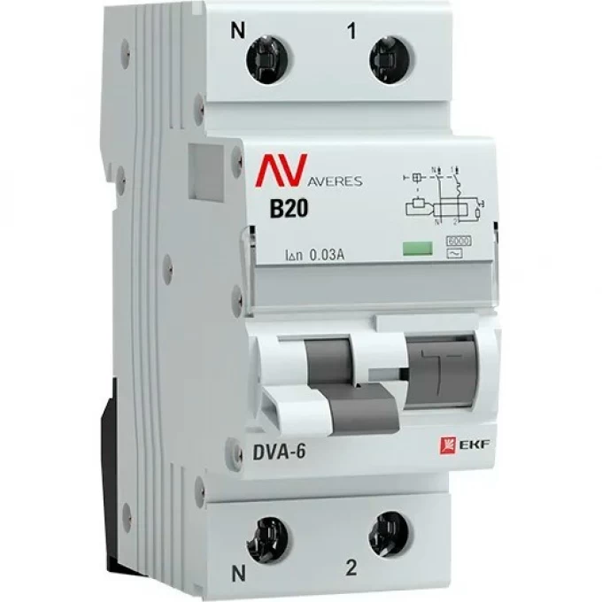 Автомат дифференциальный EKF AVERES DVA-6 1P+N 20А (B) 30мА (AC) 6кА rcbo6-1pn-20B-30-ac-av Автомат дифференциальный EKF AVERES DVA-6 1P+N 20А (B) 30мА (AC) 6кА rcbo6-1pn-20B-30-ac-av