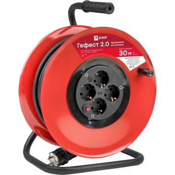 Удлинитель на катушке EKF PROXIMA "ГЕФЕСТ 2.0" 4 гнезда 30м с заземлением и предохранителем КГ 3*2,5 16А/3,5кВт