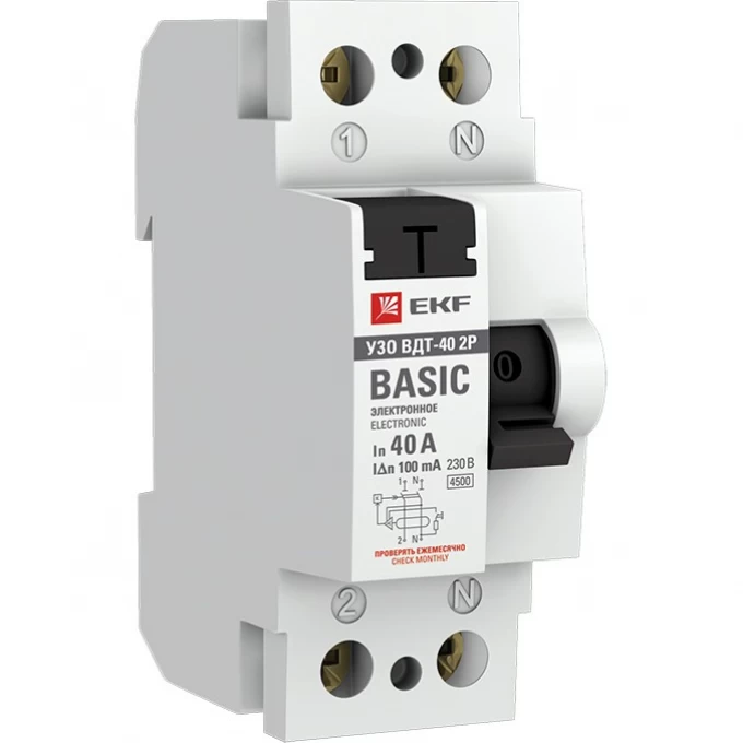 Устройство защитного отключения УЗО EKF BASIC ВДТ-40 2P 40А/100мА (электронное) elcb-2-40-100e-sim Устройство защитного отключения УЗО EKF BASIC ВДТ-40 2P 40А/100мА (электронное) elcb-2-40-100e-sim