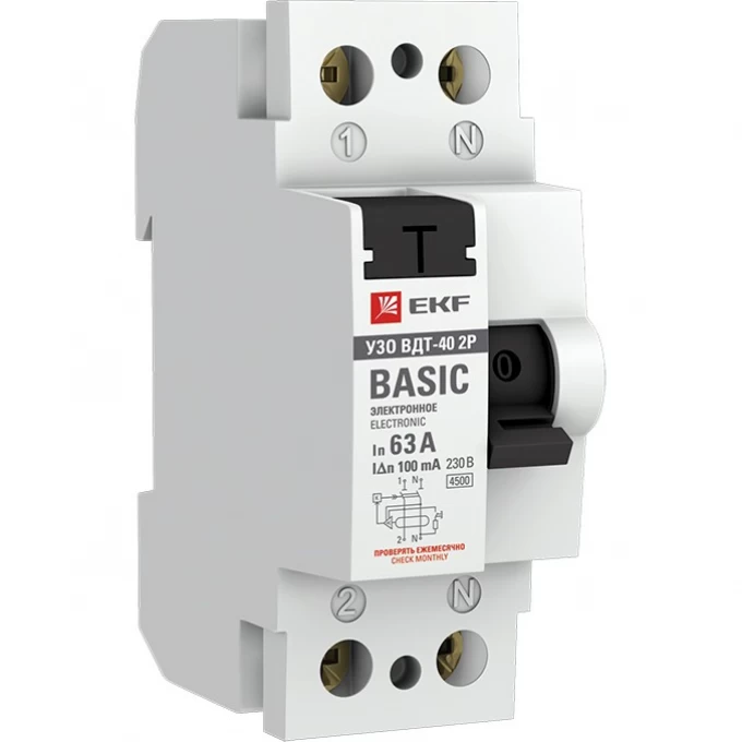Устройство защитного отключения УЗО EKF BASIC ВДТ-40 2P 63А/100мА (электронное) elcb-2-63-100e-sim Устройство защитного отключения УЗО EKF BASIC ВДТ-40 2P 63А/100мА (электронное) elcb-2-63-100e-sim